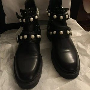 Zara black leather Pearl studded boots